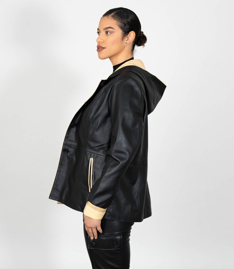 Women's Hooded Duffle Leather Jacket - Black