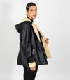 Women's Hooded Duffle Leather Jacket - Black