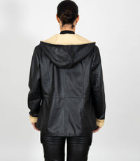 Women's Hooded Duffle Leather Jacket - Black