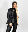 Women's Hooded Duffle Leather Jacket - Black