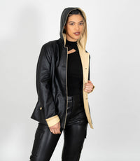 Women's Hooded Duffle Leather Jacket - Black