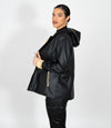 Women's Hooded Duffle Leather Jacket - Black