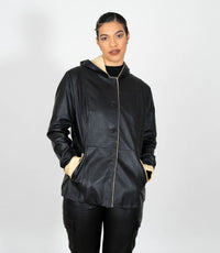 Women's Hooded Duffle Leather Jacket - Black