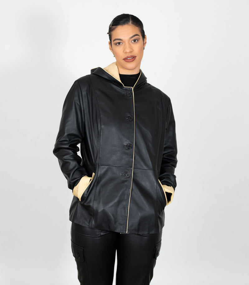 Women's Hooded Duffle Leather Jacket - Black