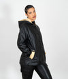 Women's Hooded Duffle Leather Jacket - Black