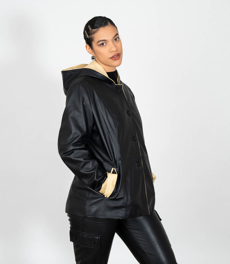Women's Hooded Duffle Leather Jacket - Black
