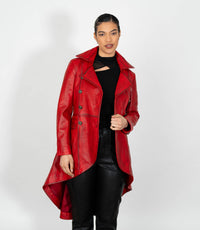 Women's Double Breasted Leather Tail Coat - Red