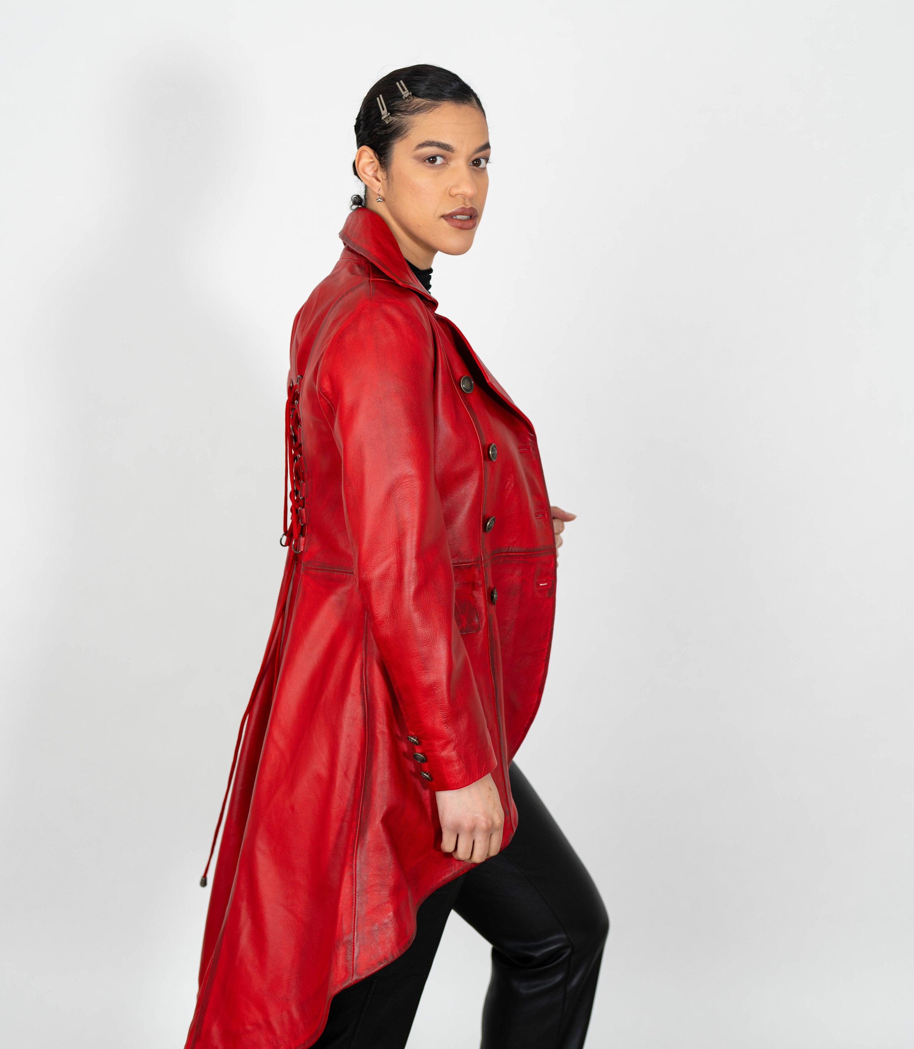 Women's Double Breasted Leather Tail Coat - Red – Brick Lane