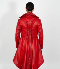 Women's Double Breasted Leather Tail Coat - Red