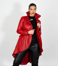Women's Double Breasted Leather Tail Coat - Red