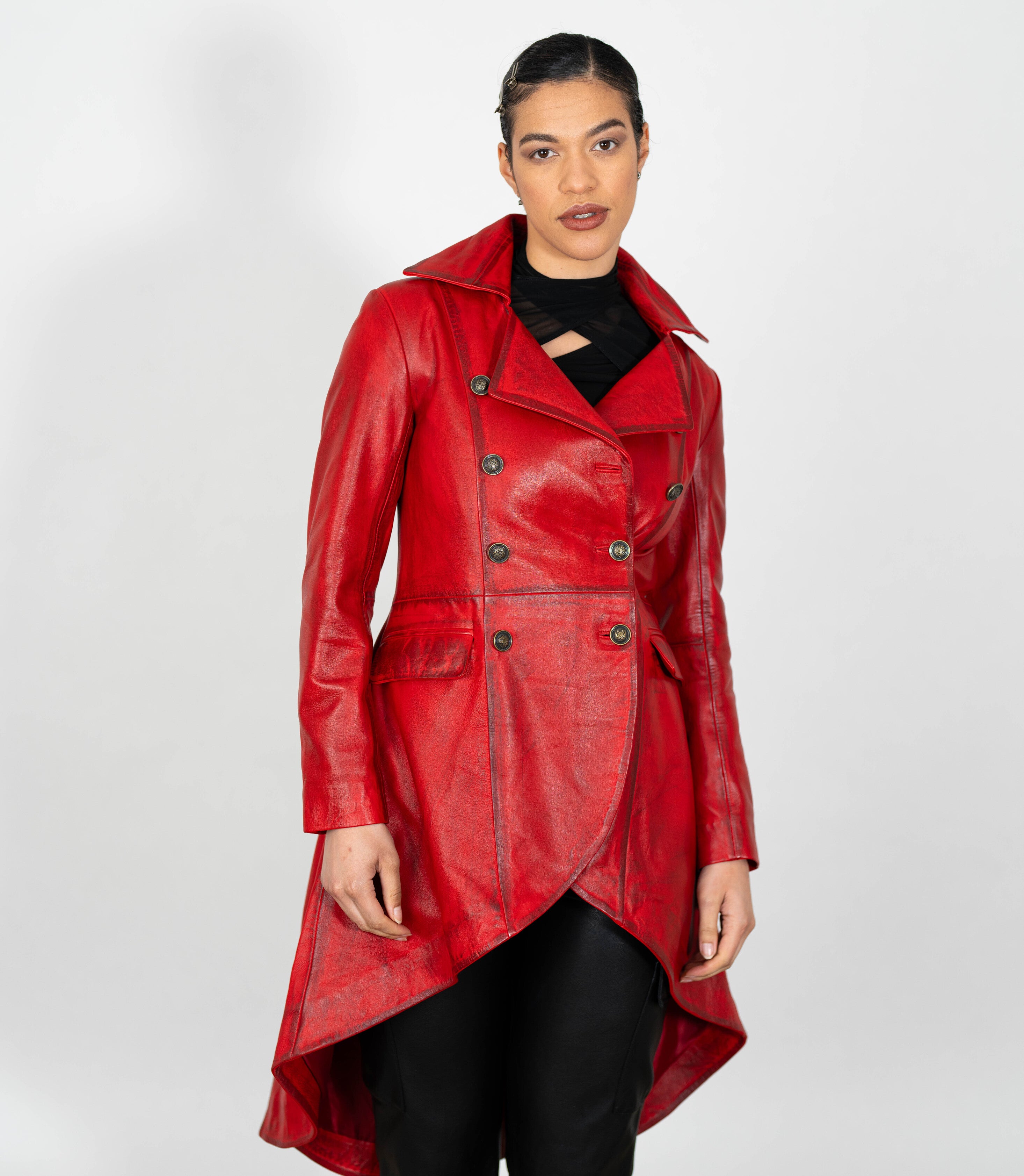 Women's Double Breasted Leather Tail Coat - Red – Brick Lane