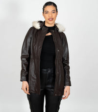 Women's Detachable Fur Trimmed Hood Leather Coat - Brown