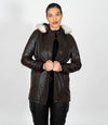 Women's Detachable Fur Trimmed Hood Leather Coat - Brown