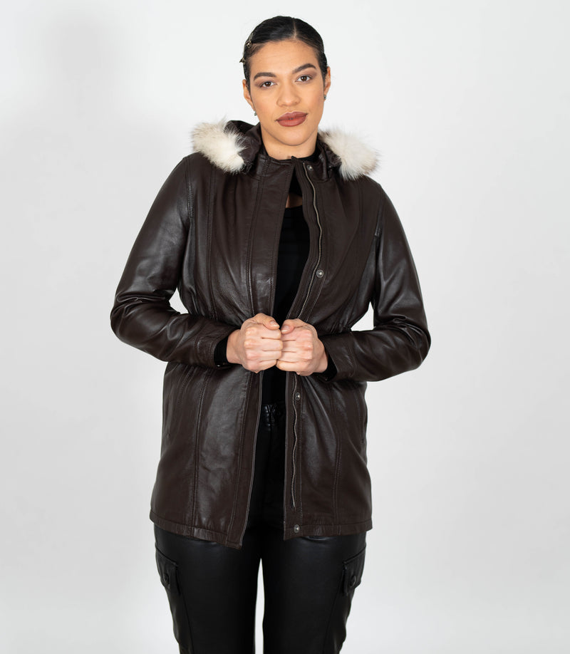 Women's Detachable Fur Trimmed Hood Leather Coat - Brown