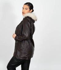 Women's Detachable Fur Trimmed Hood Leather Coat - Brown