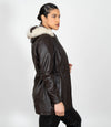 Women's Detachable Fur Trimmed Hood Leather Coat - Brown