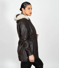 Women's Detachable Fur Trimmed Hood Leather Coat - Brown