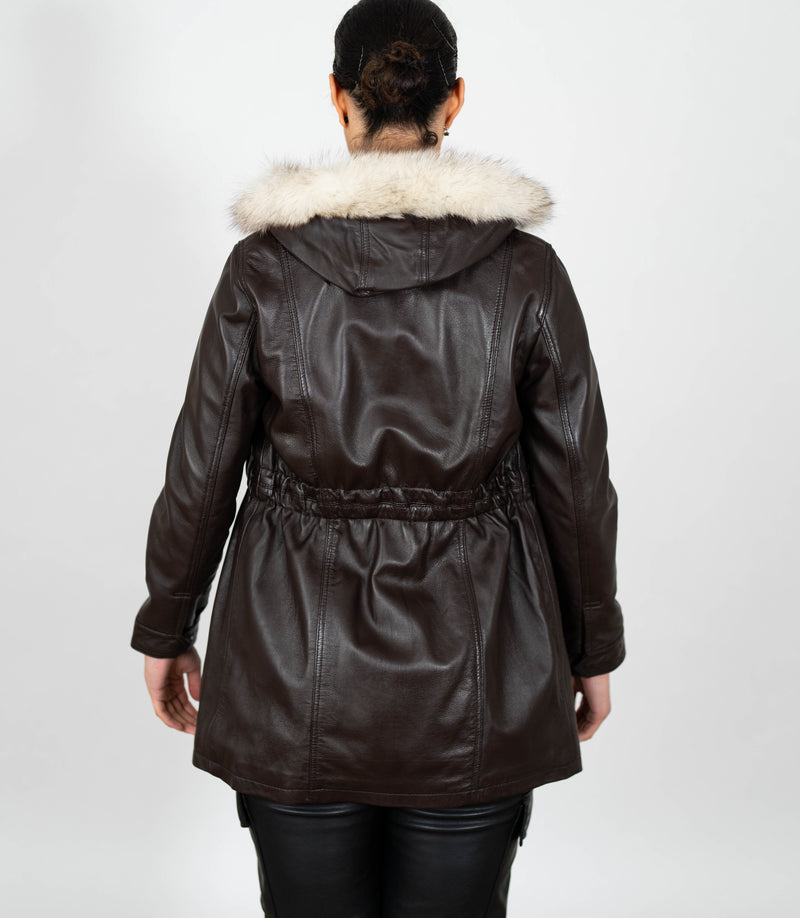Women's Detachable Fur Trimmed Hood Leather Coat - Brown