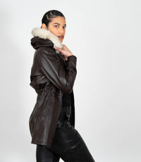 Women's Detachable Fur Trimmed Hood Leather Coat - Brown