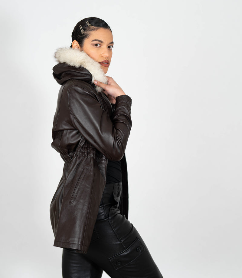 Women's Detachable Fur Trimmed Hood Leather Coat - Brown