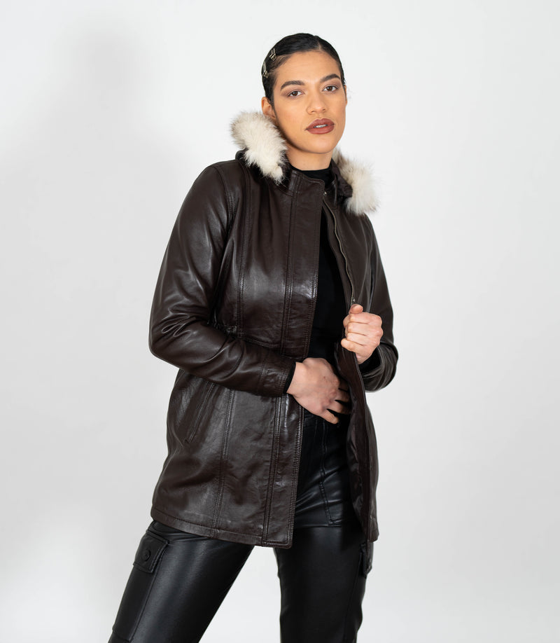 Women's Detachable Fur Trimmed Hood Leather Coat - Brown