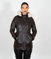 Women's Detachable Fur Trimmed Hood Leather Coat - Brown