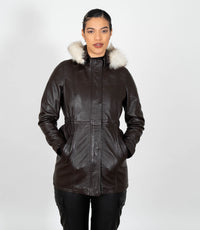 Women's Detachable Fur Trimmed Hood Leather Coat - Brown