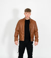 Men's Classic Mandarin Collar Racer Style Leather Jacket - Tan