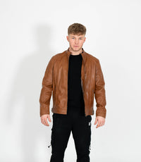 Men's Classic Mandarin Collar Racer Style Leather Jacket - Tan