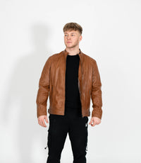 Men's Classic Mandarin Collar Racer Style Leather Jacket - Tan