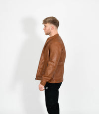 Men's Classic Mandarin Collar Racer Style Leather Jacket - Tan