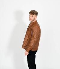 Men's Classic Mandarin Collar Racer Style Leather Jacket - Tan