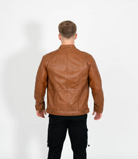 Men's Classic Mandarin Collar Racer Style Leather Jacket - Tan