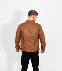 Men's Classic Mandarin Collar Racer Style Leather Jacket - Tan
