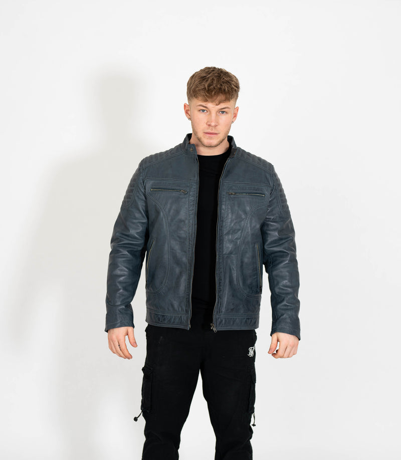 Men's Quilted Leather Biker Style Zip Jacket