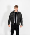 Men's Detachable Hoodie Leather Work Jacket - Grey