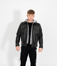 Men's Detachable Hoodie Leather Work Jacket - Grey