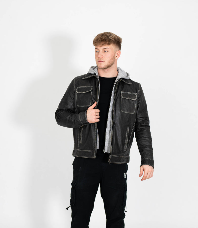 Men's Detachable Hoodie Leather Work Jacket - Grey