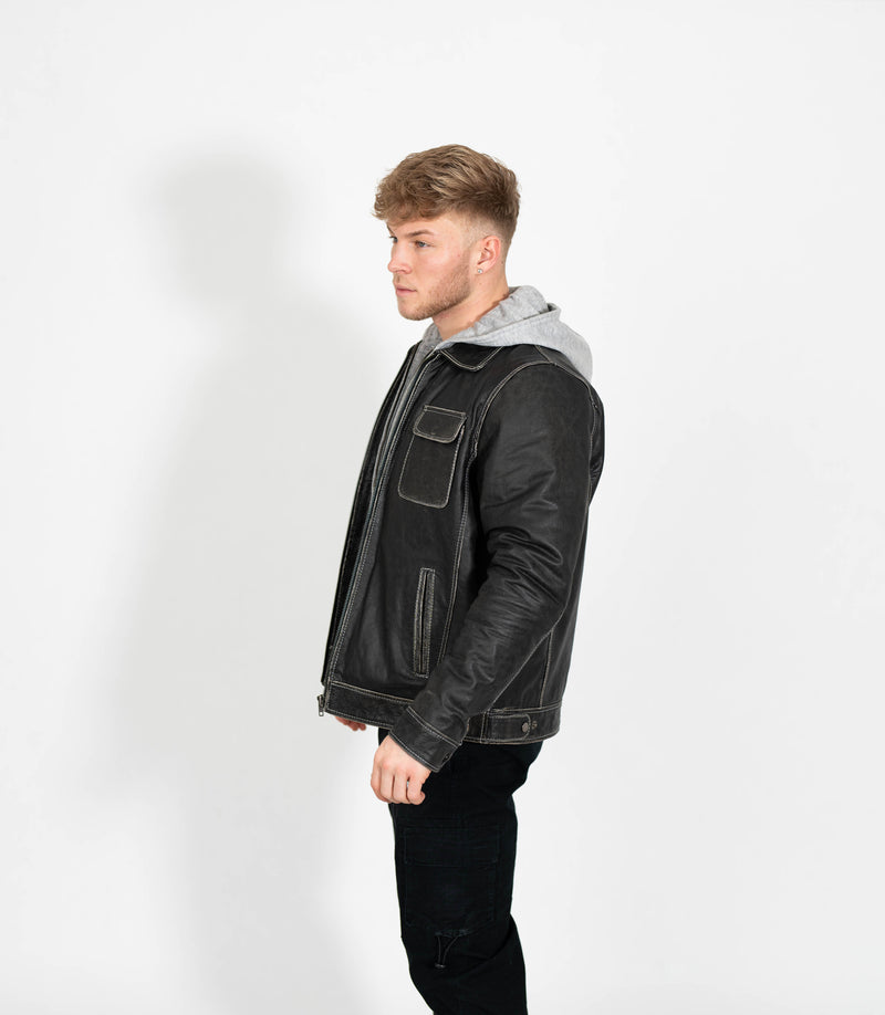Men's Detachable Hoodie Leather Work Jacket - Grey