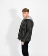Men's Detachable Hoodie Leather Work Jacket - Grey