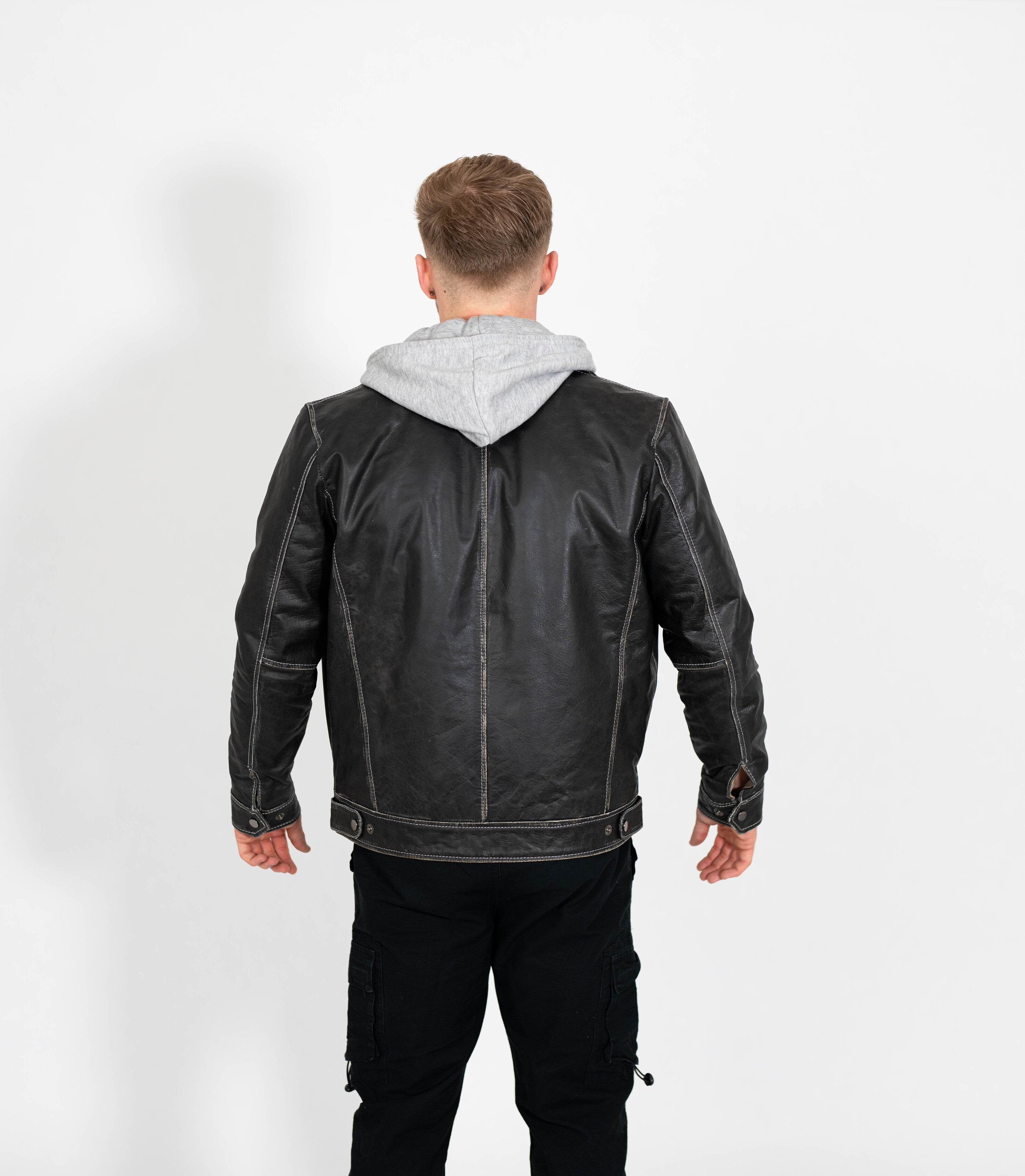 Men's Detachable Hoodie Leather Work Jacket - Grey – Brick Lane