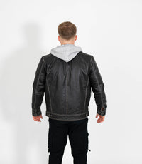 Men's Detachable Hoodie Leather Work Jacket - Grey