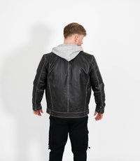 Men's Detachable Hoodie Leather Work Jacket - Grey