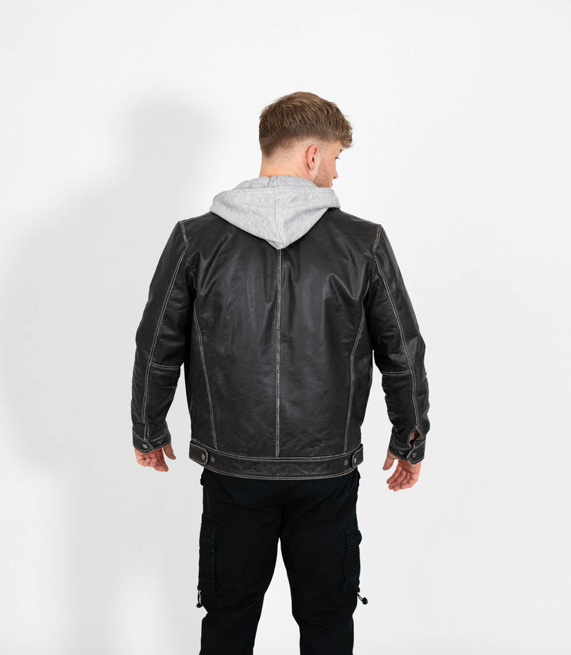 Men's Detachable Hoodie Leather Work Jacket - Grey