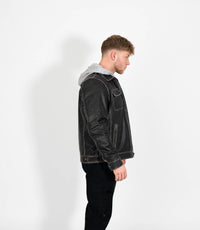 Men's Detachable Hoodie Leather Work Jacket - Grey