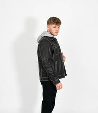 Men's Detachable Hoodie Leather Work Jacket - Grey