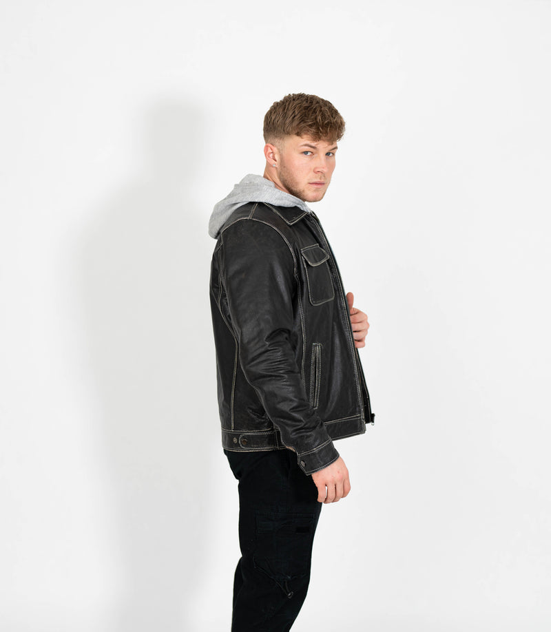 Men's Detachable Hoodie Leather Work Jacket - Grey