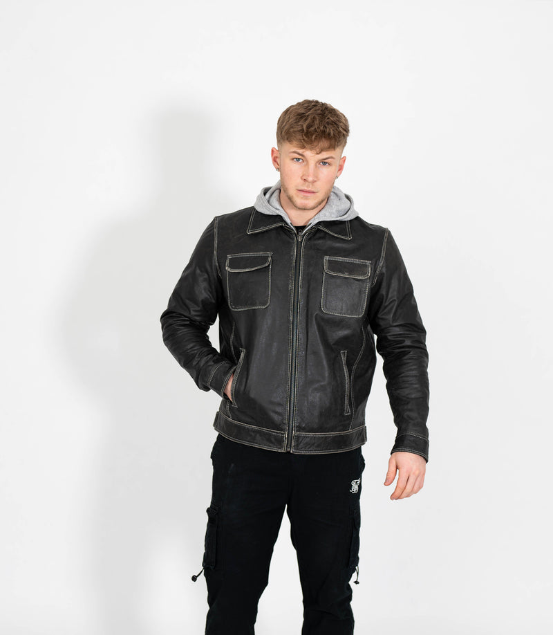 Men's Detachable Hoodie Leather Work Jacket - Grey