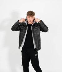Men's Detachable Hoodie Leather Work Jacket - Grey