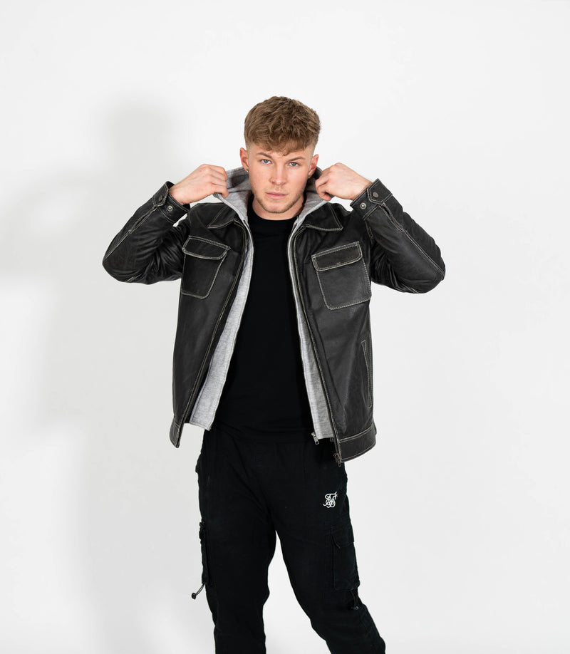 Men's Detachable Hoodie Leather Work Jacket - Grey